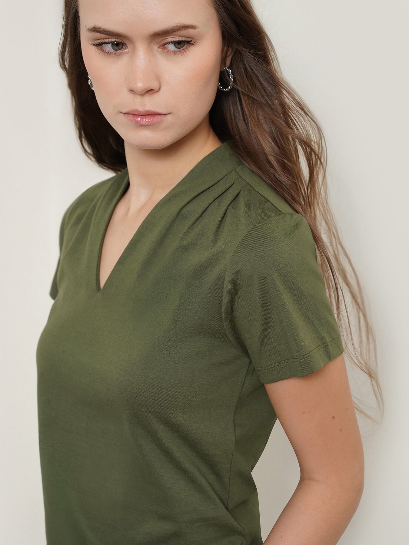 Cotton V-Neck Top - Olive