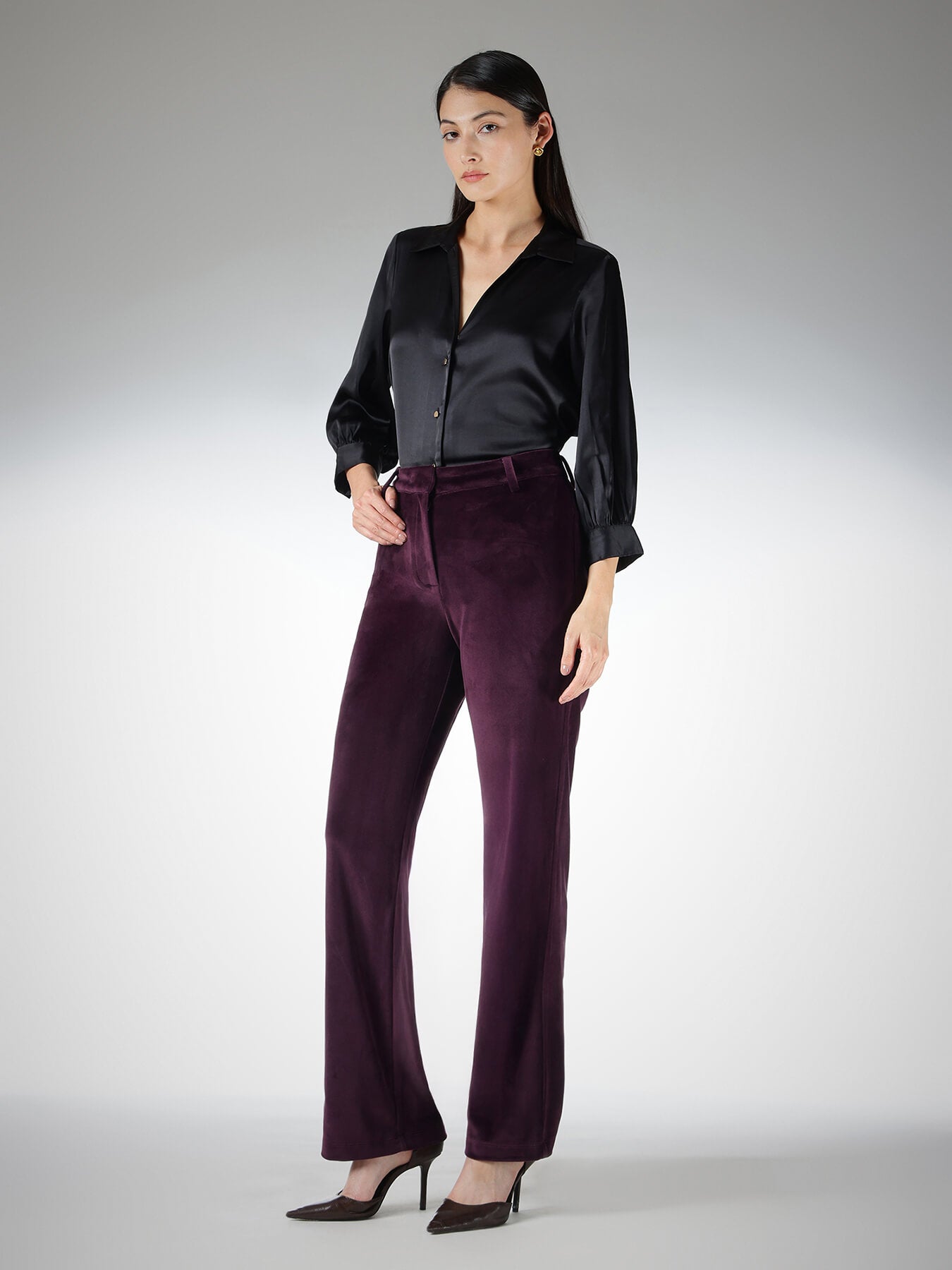 Velvet Straight Fit Trousers - Black