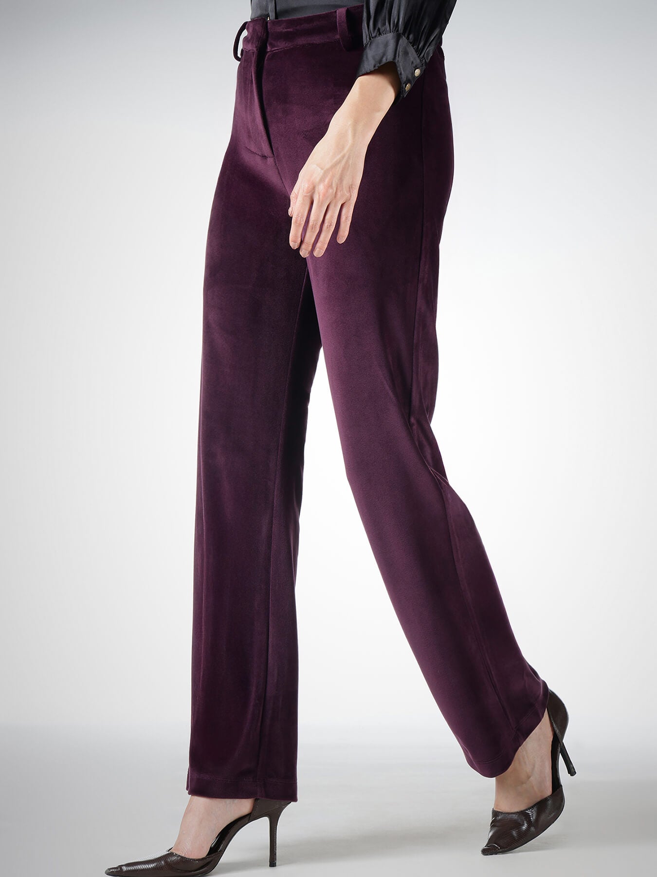 Velvet Straight Fit Trousers - Black