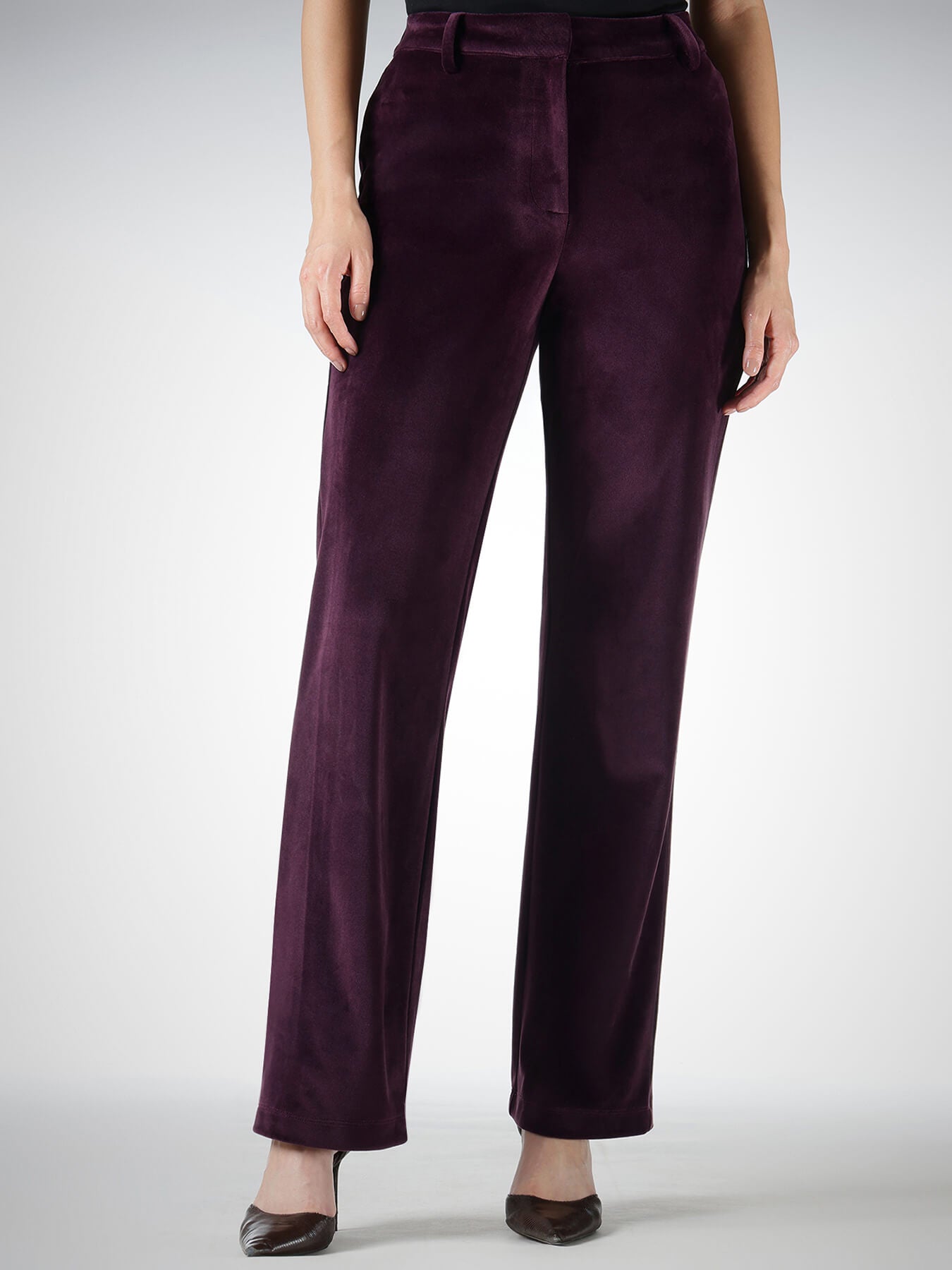 Velvet Straight Fit Trousers - Black