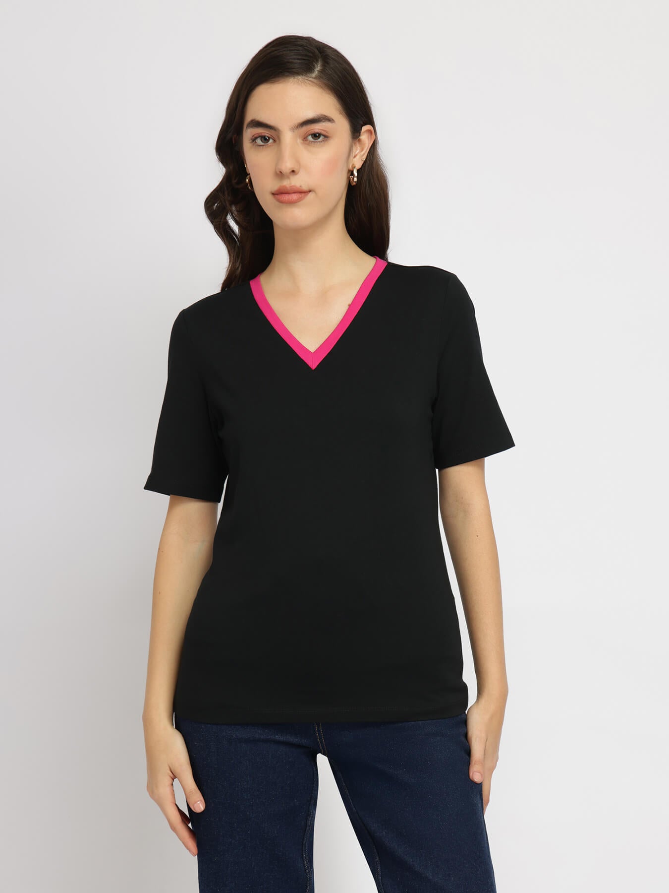 Cotton V Neck Tee - Black