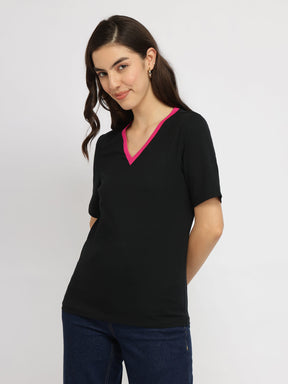 Cotton V Neck Tee - Black