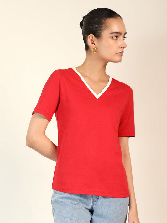Pure Cotton V-Neck T-shirt - Red