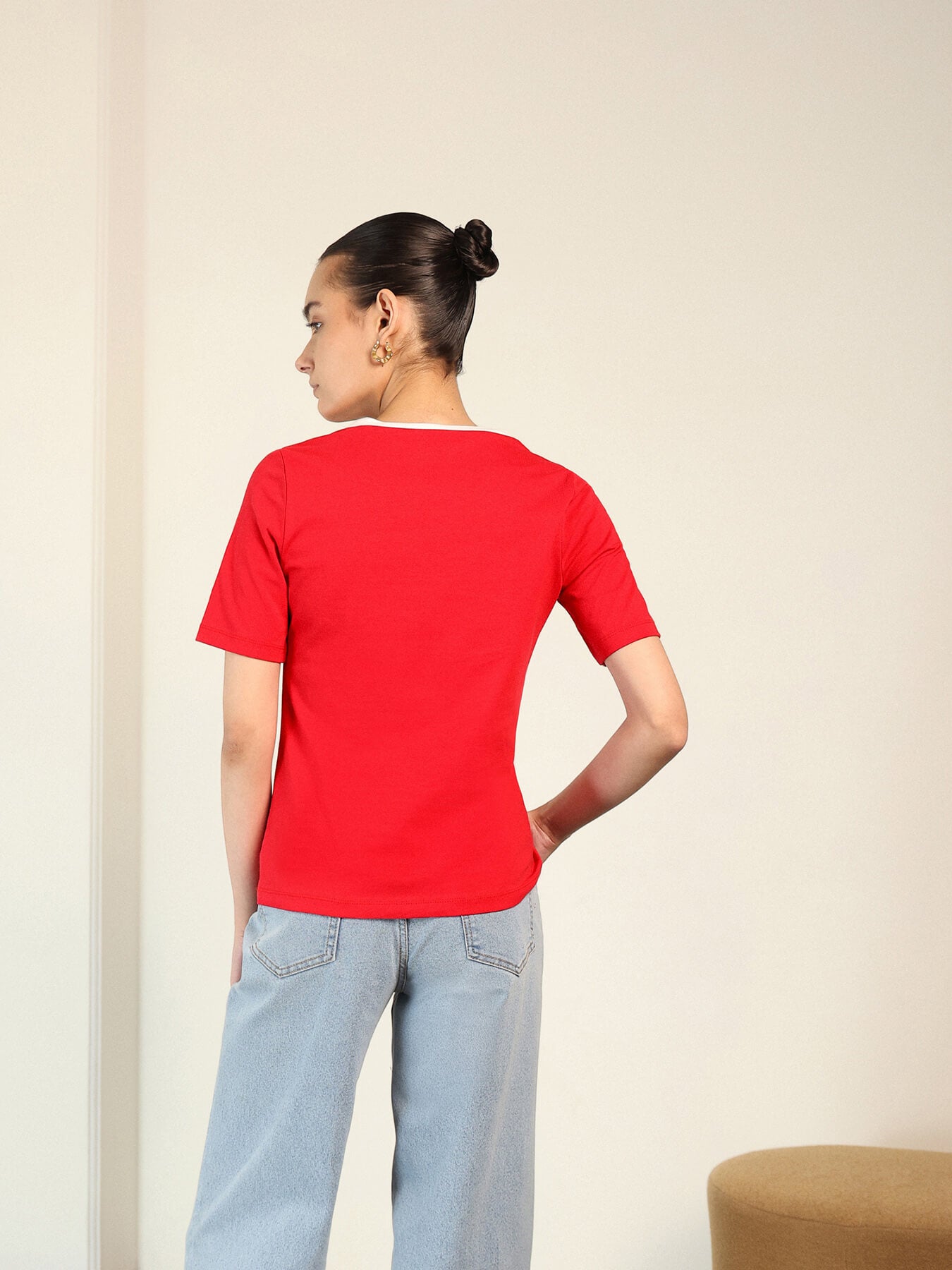 Pure Cotton V-Neck T-shirt - Red