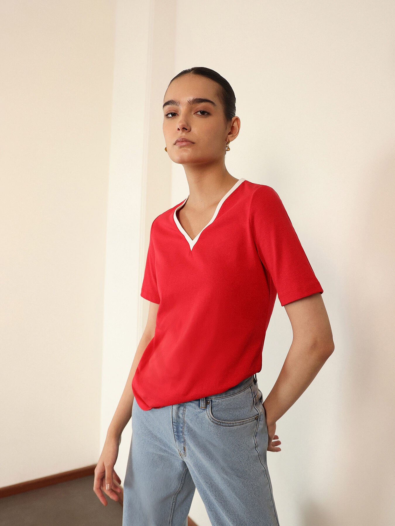 Pure Cotton V-Neck T-shirt - Red