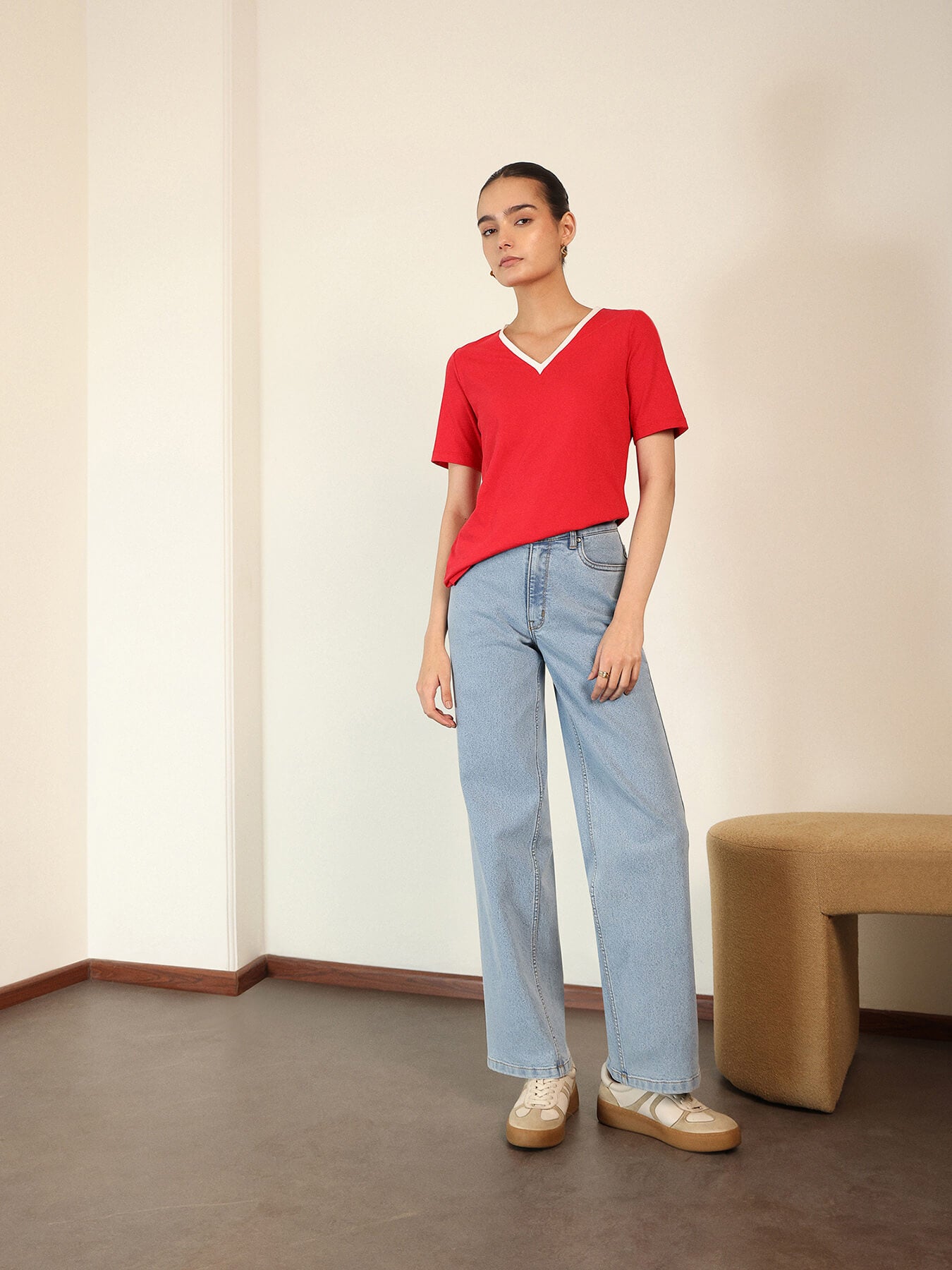 Pure Cotton V-Neck T-shirt - Red