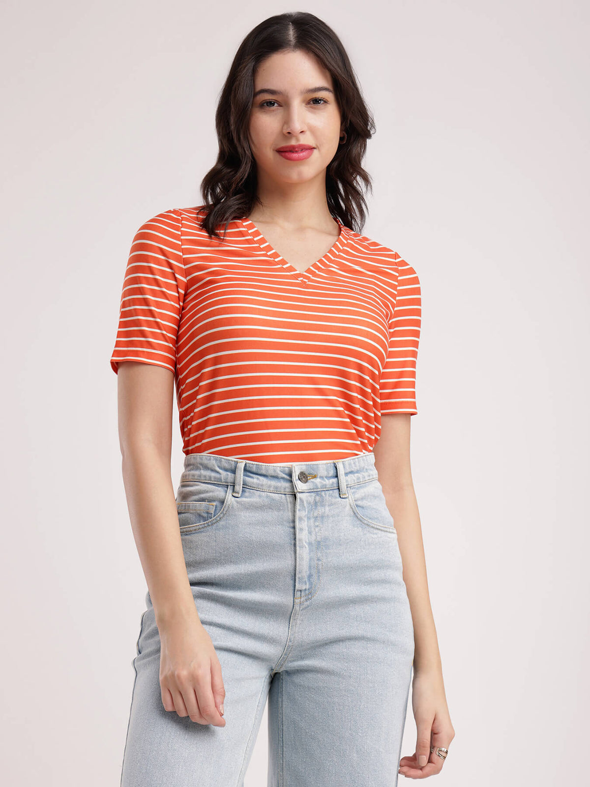 Striped Knitted T-Shirt - Orange And White