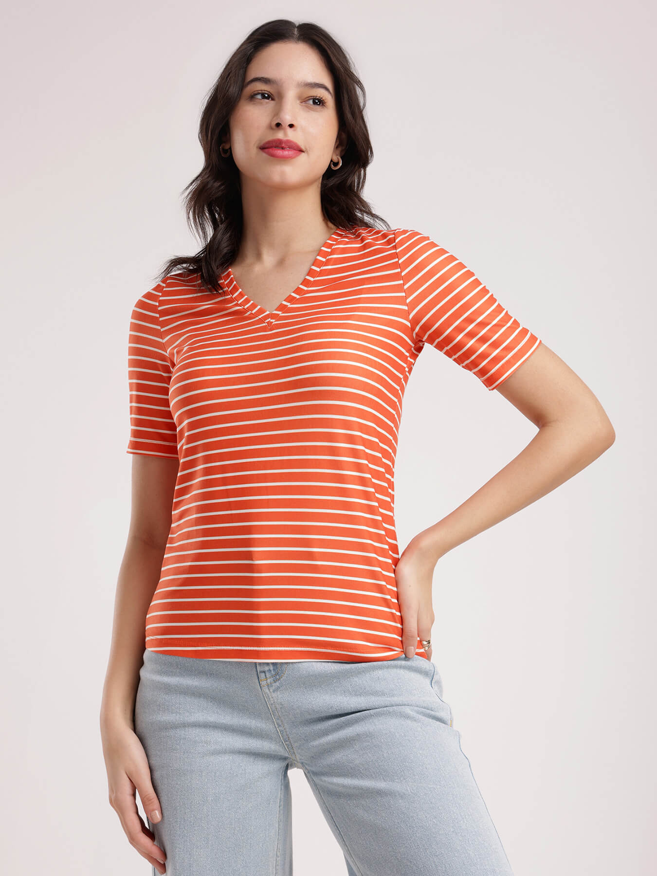 Striped Knitted T-Shirt - Orange And White