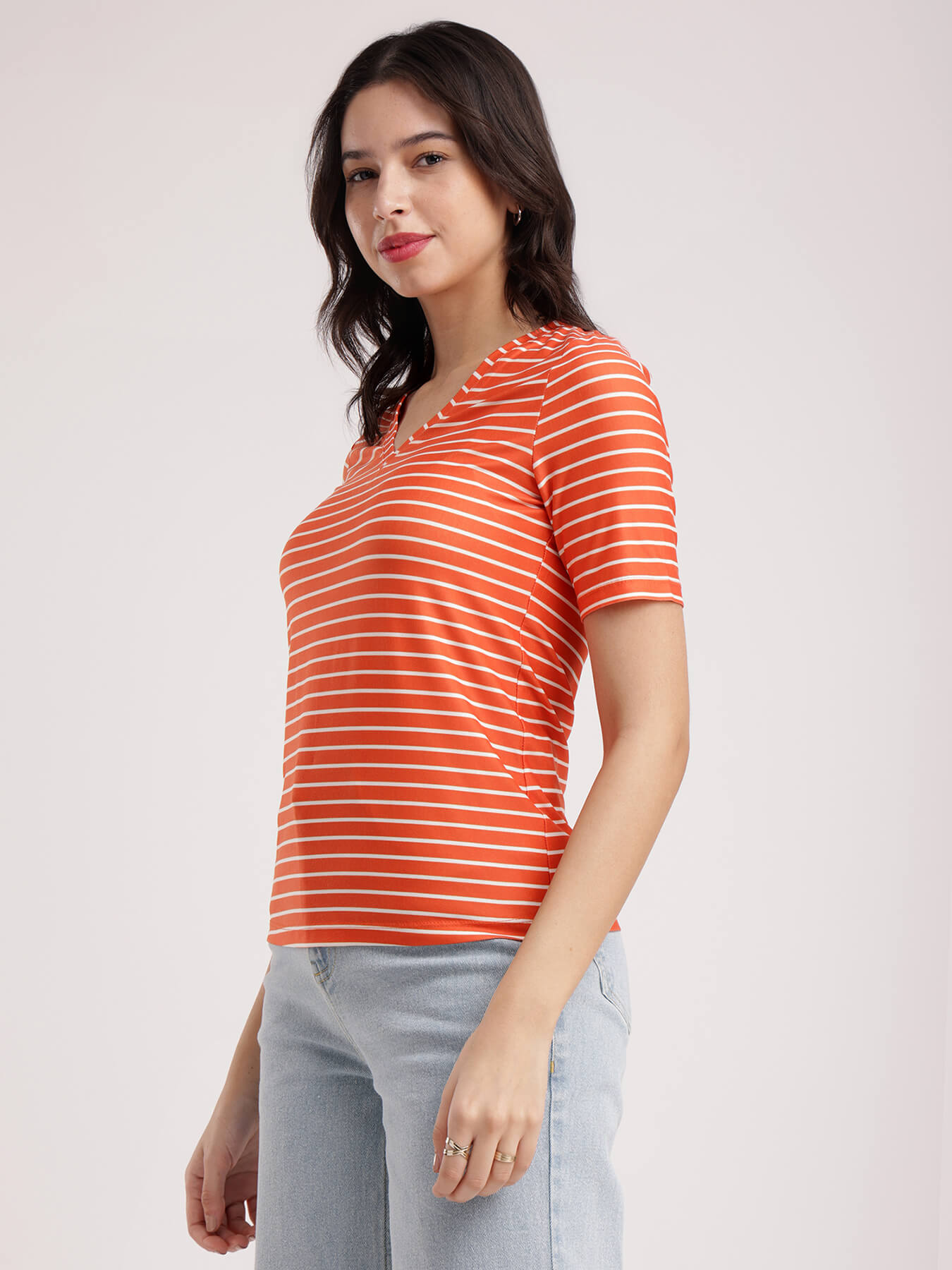 Striped Knitted T-Shirt - Orange And White