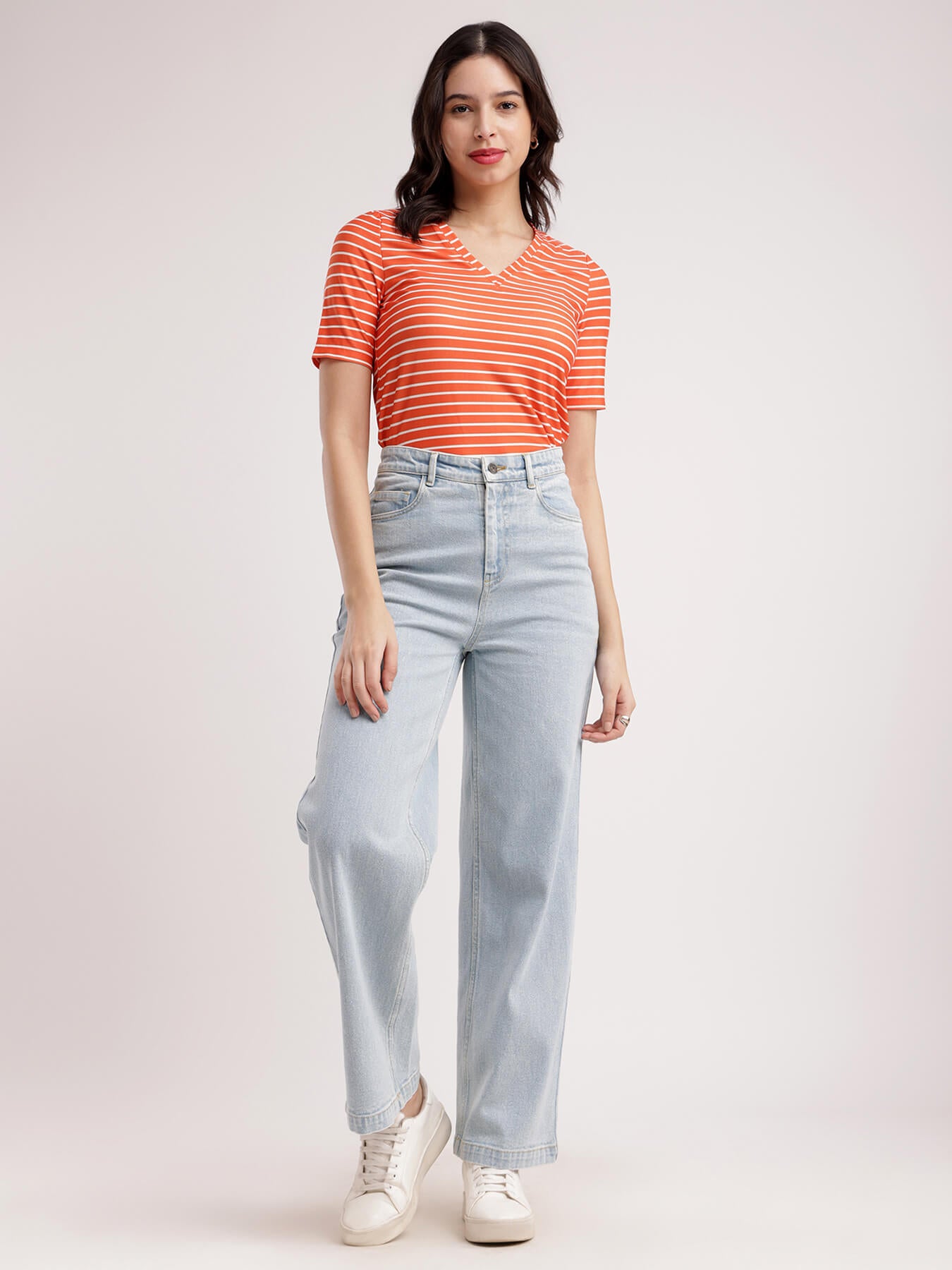 Striped Knitted T-Shirt - Orange And White