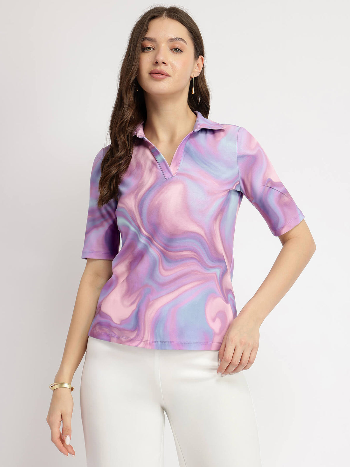 Marble Print Polo T-Shirt - Lavender