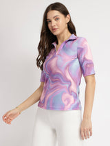 Marble Print Polo T-Shirt - Lavender