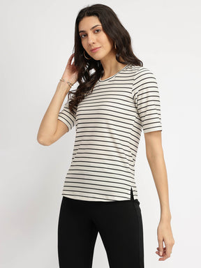 Striped Round Neck T-Shirt - Black and White