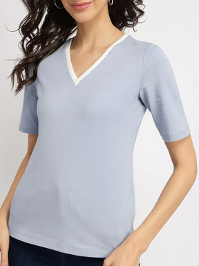 Cotton V-Neck T-Shirt - Light Blue