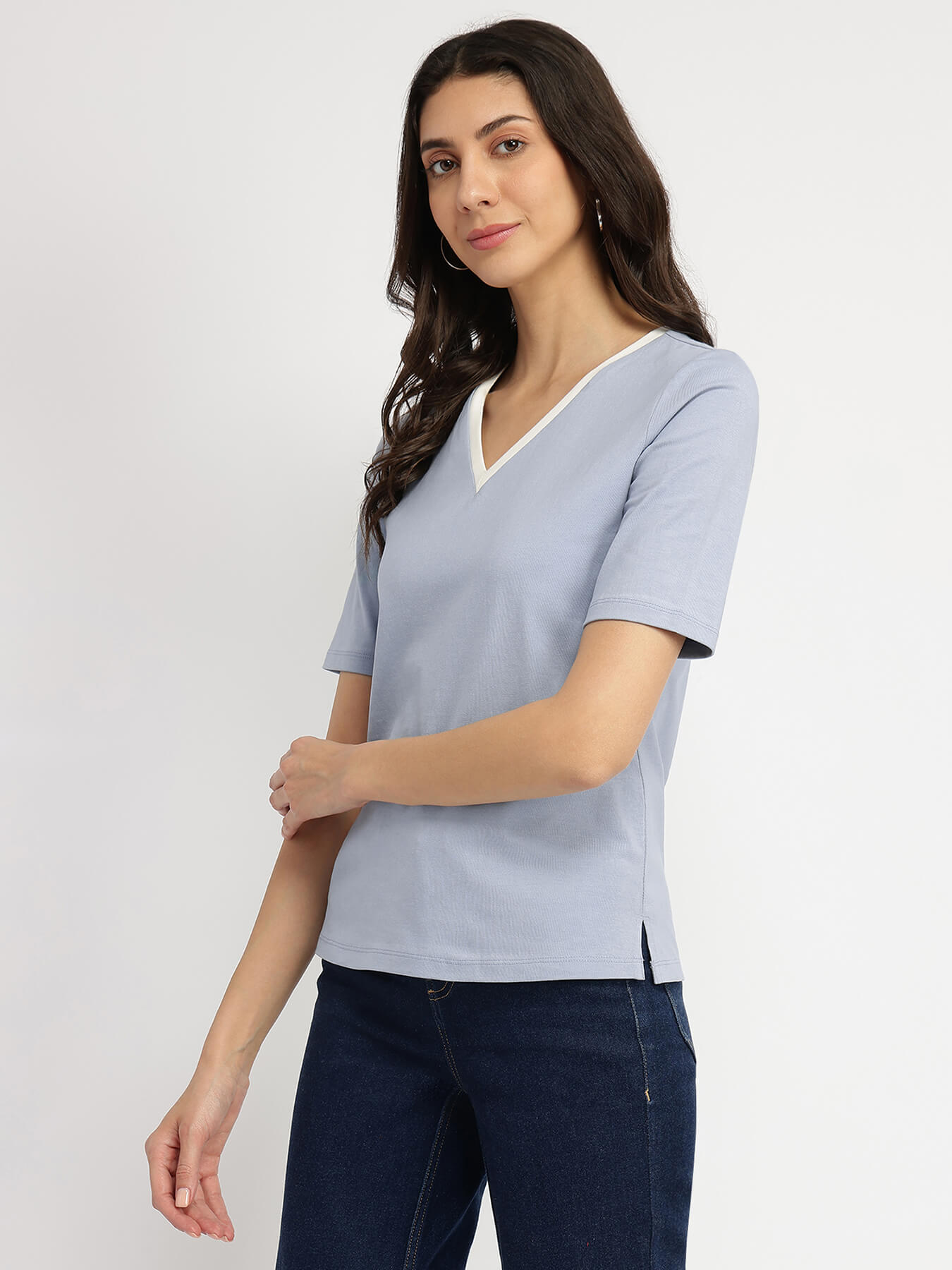 Cotton V-Neck T-Shirt - Light Blue