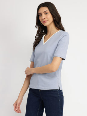 Cotton V-Neck T-Shirt - Light Blue