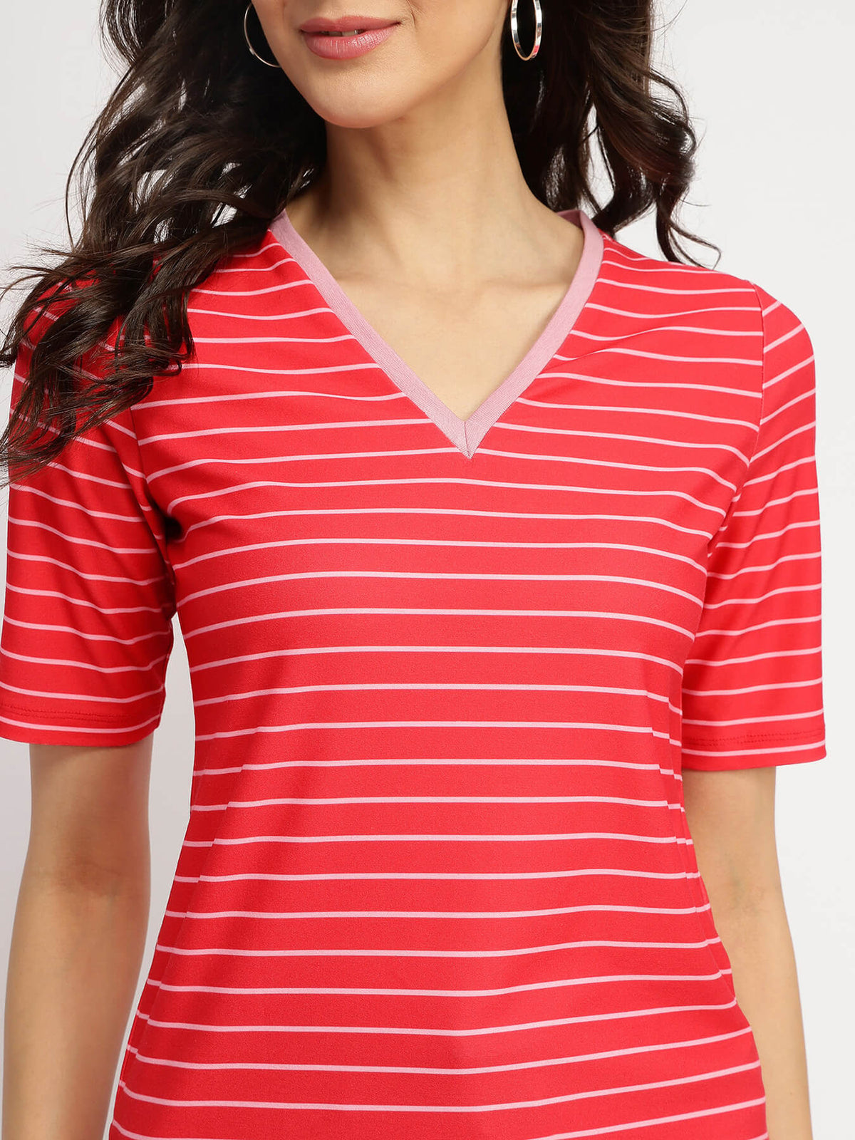 Striped V-Neck T-Shirt - Red