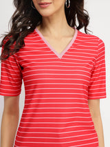 Striped V-Neck T-Shirt - Red