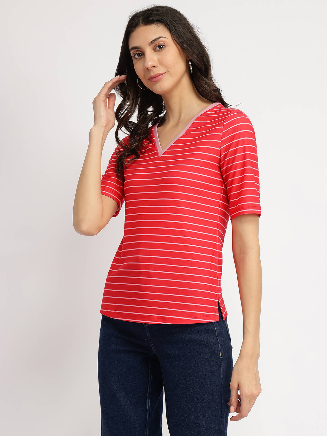 Striped V-Neck T-Shirt - Red