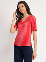 Striped V-Neck T-Shirt - Red