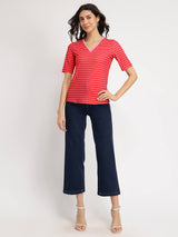 Striped V-Neck T-Shirt - Red