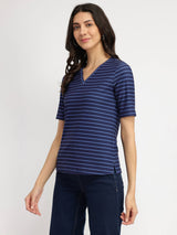 Striped V-Neck T-Shirt - Navy Blue
