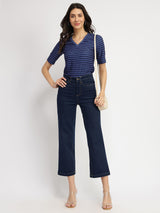 Striped V-Neck T-Shirt - Navy Blue