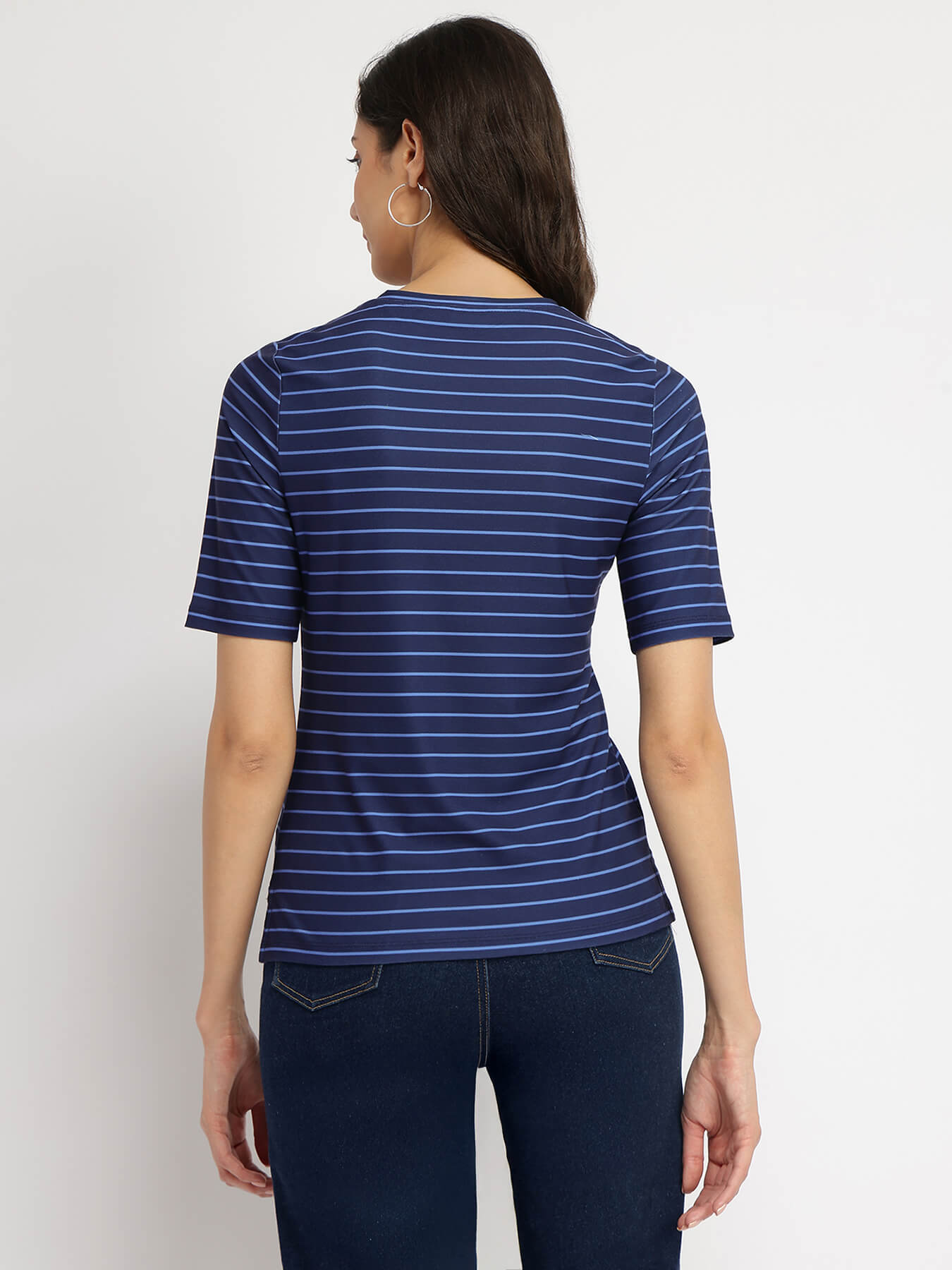 Striped V-Neck T-Shirt - Navy Blue