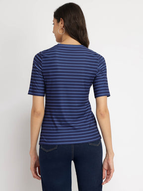 Striped V-Neck T-Shirt - Navy Blue