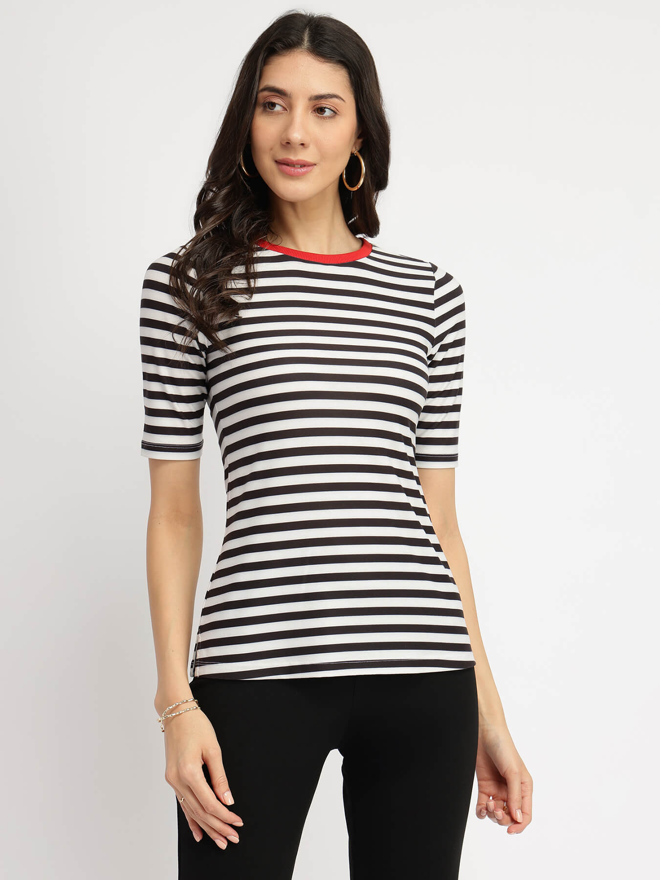 Striped Crew Neck T-Shirt - White and Black