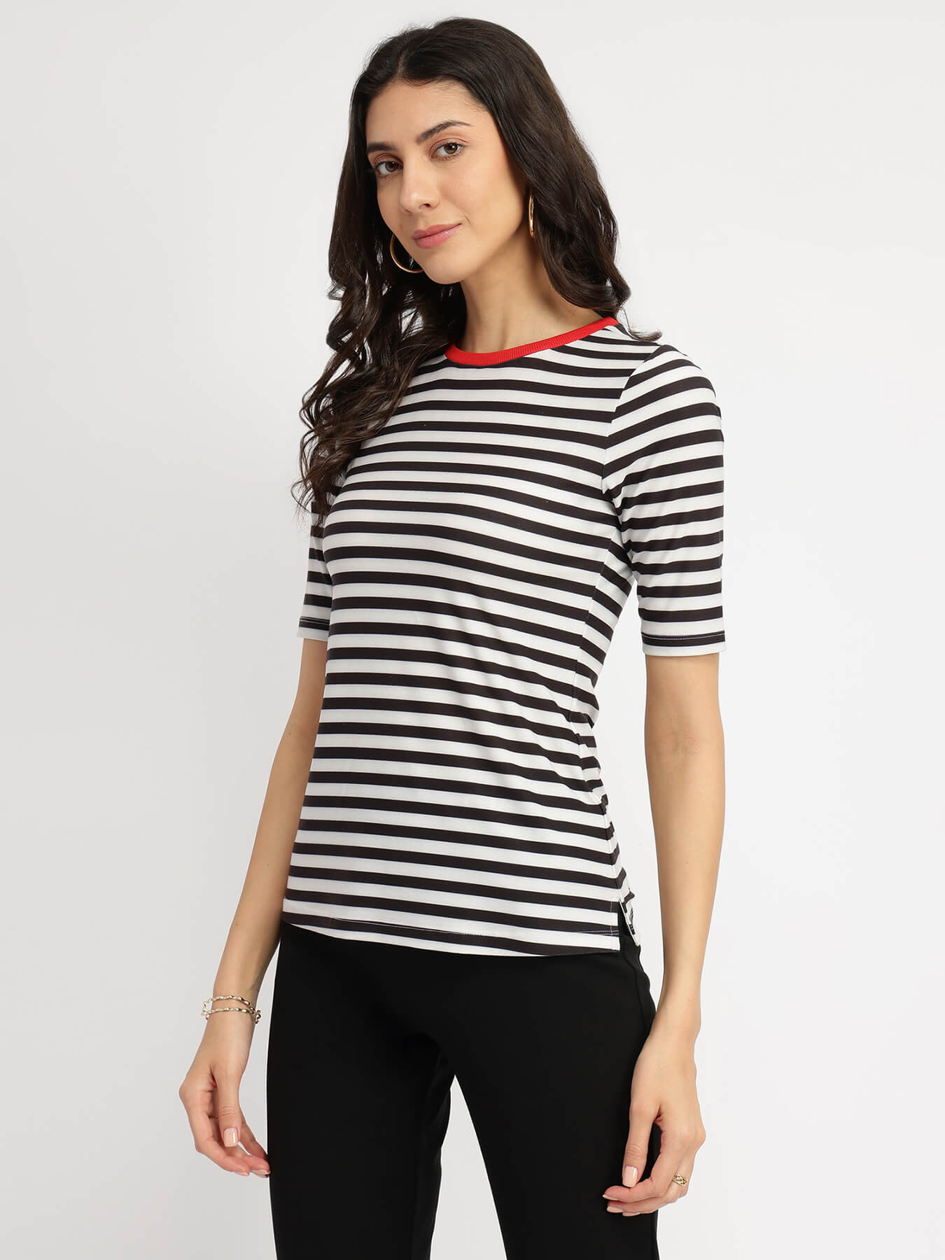 Striped Crew Neck T-Shirt - White and Black