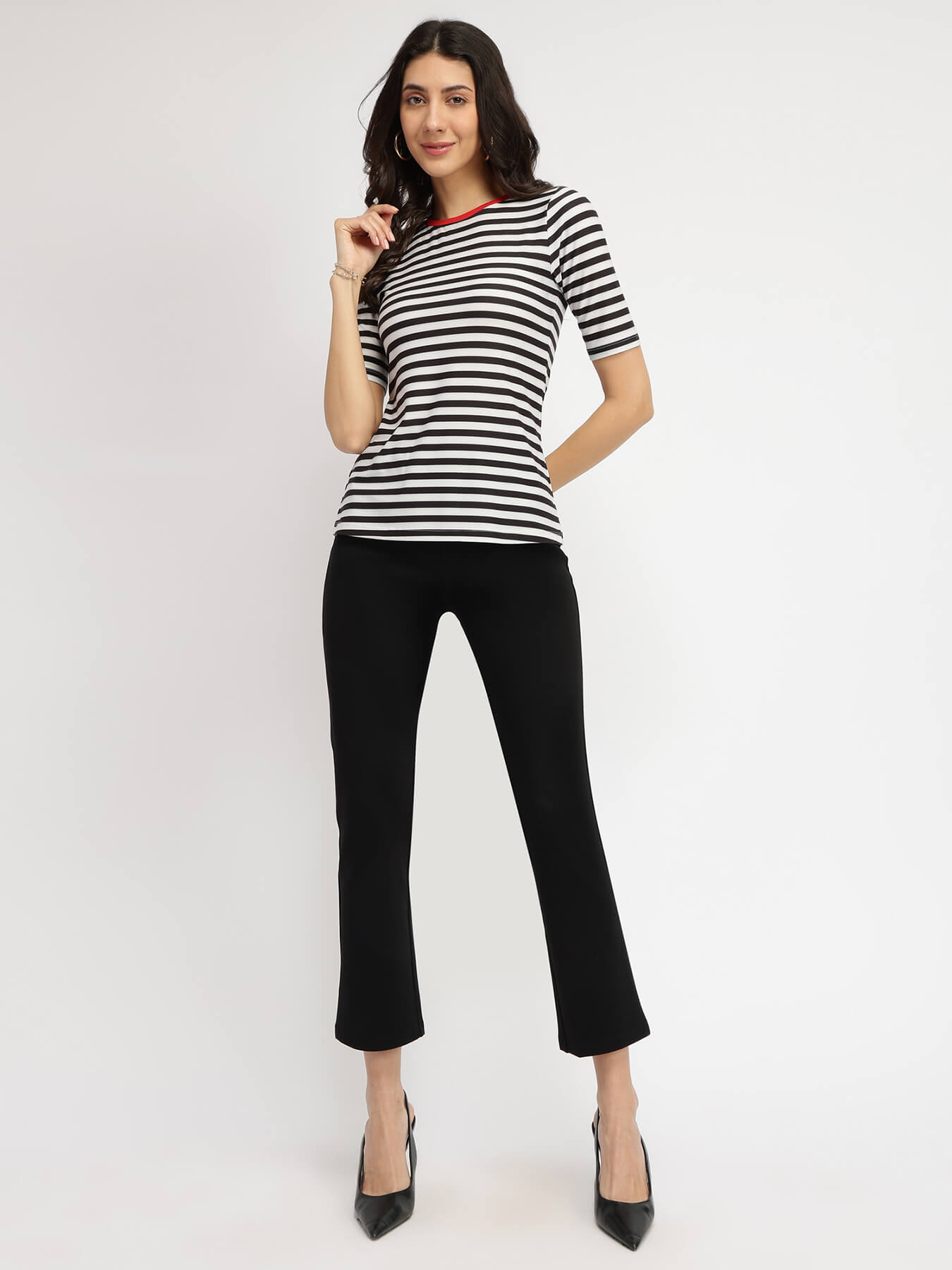 Striped Crew Neck T-Shirt - White and Black