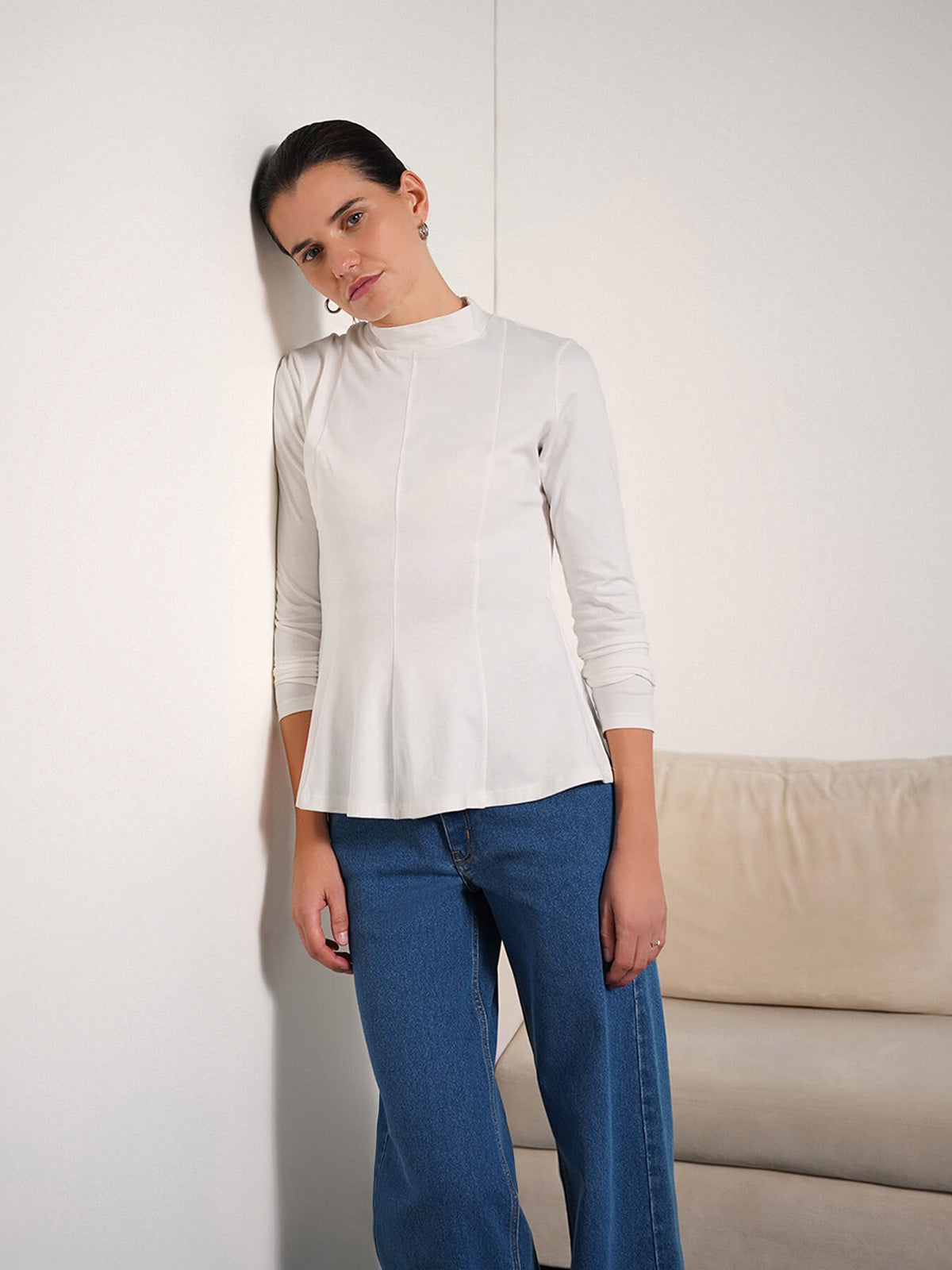 High Neck Peplum Top - White