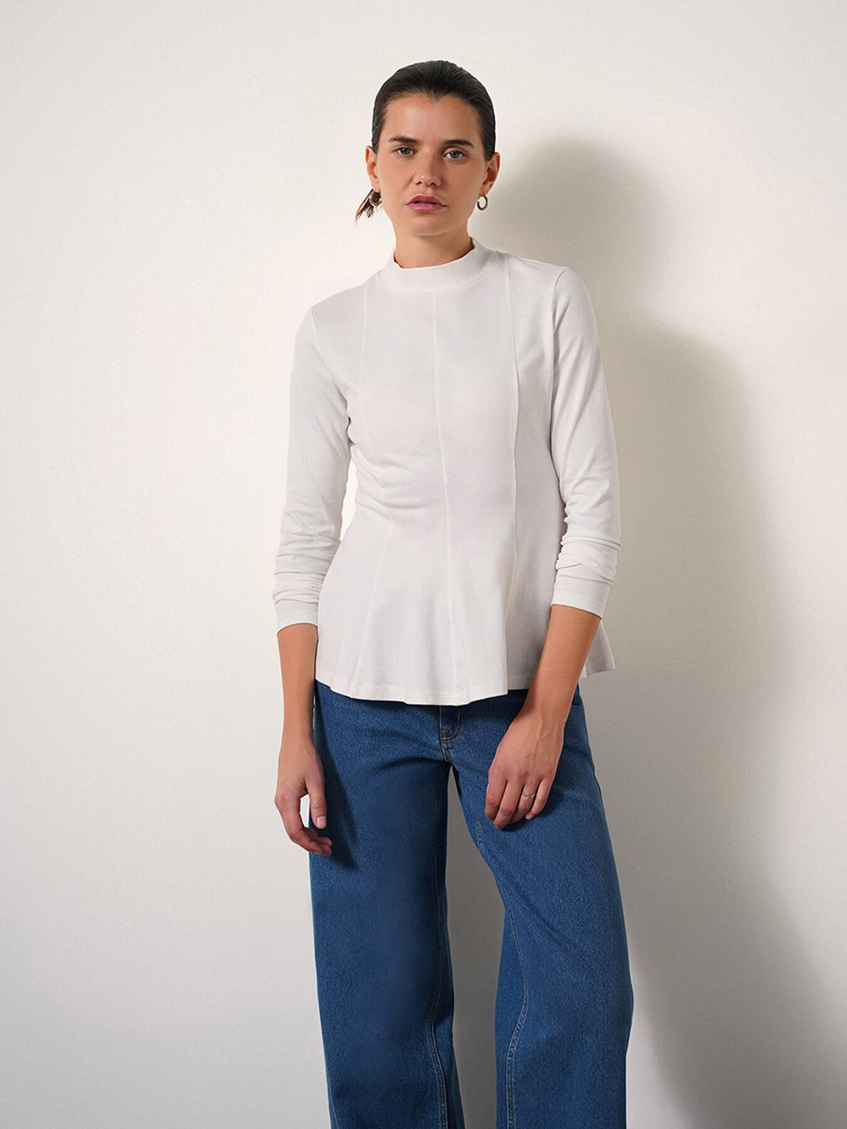 High Neck Peplum Top - White