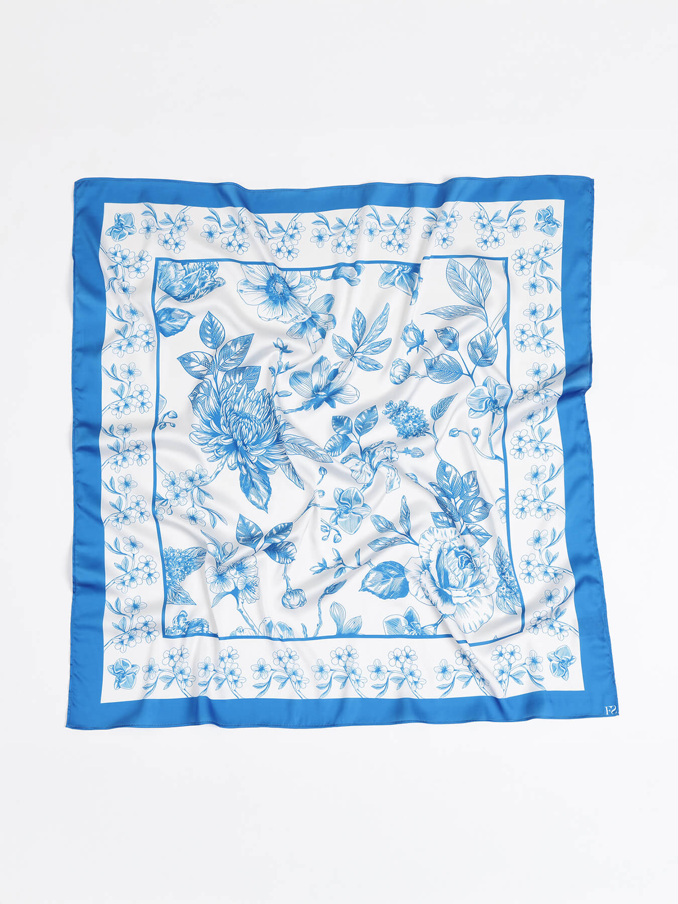 Satin Floral Print Scarf - Light Blue