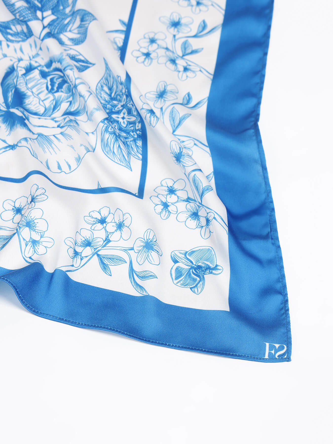 Satin Floral Print Scarf - Light Blue