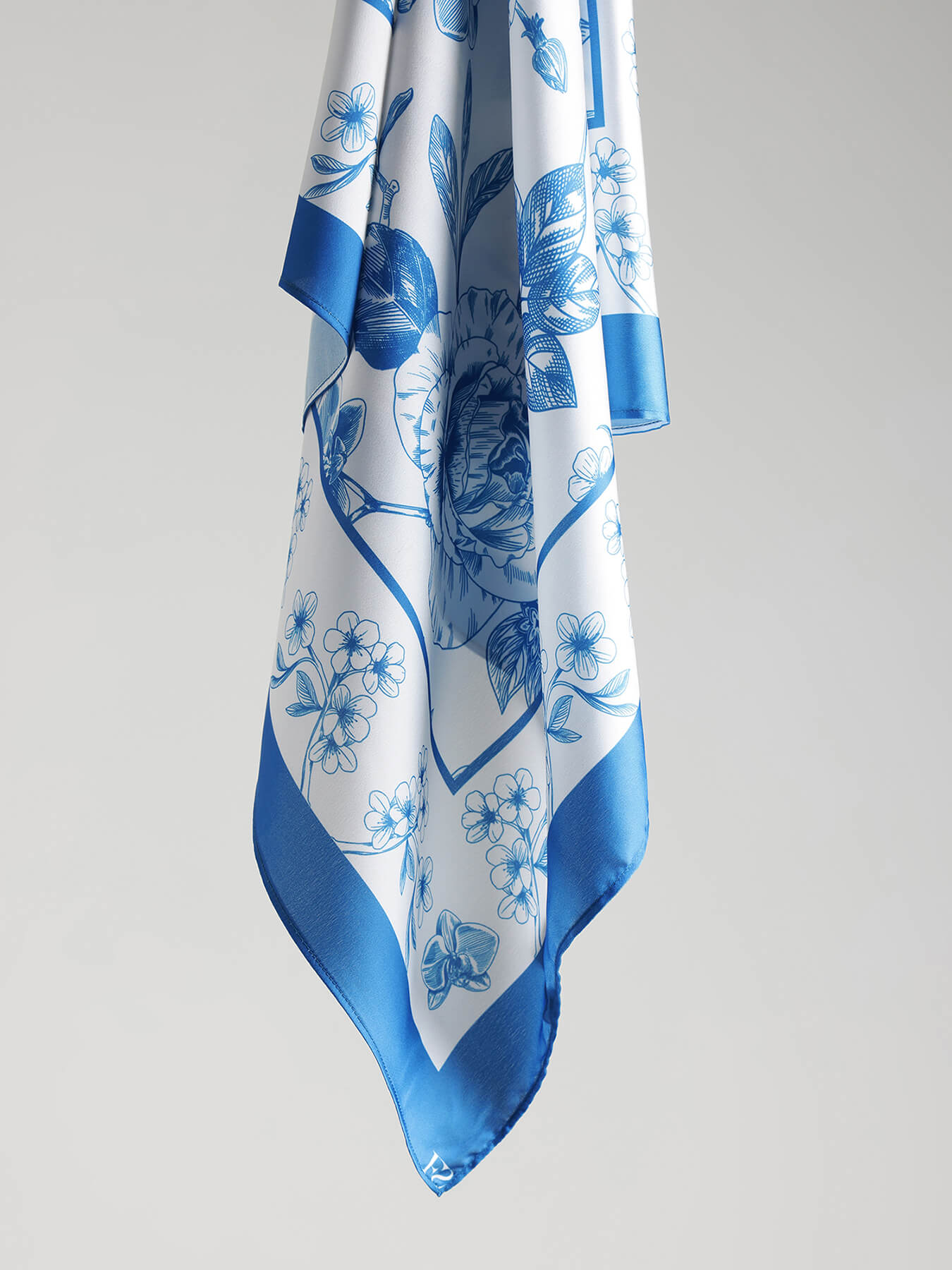 Satin Floral Print Scarf - Light Blue