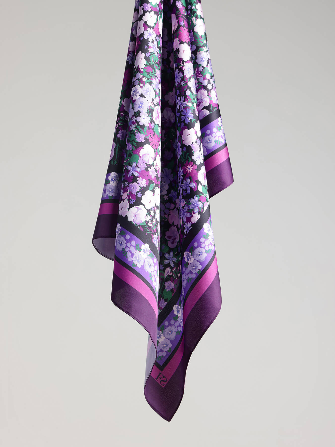 Satin Floral Print Scarf - Purple