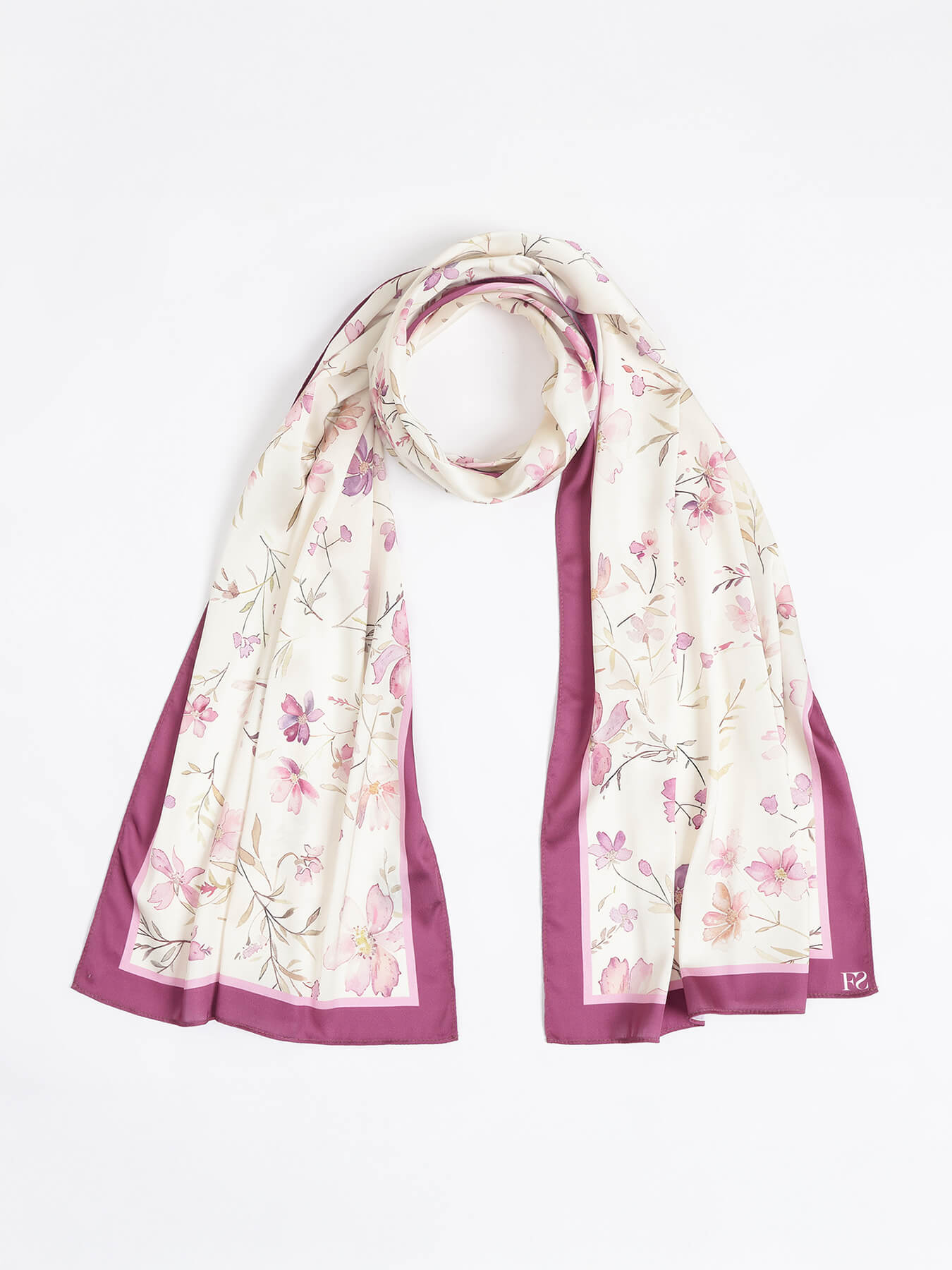 Satin Floral Long Scarf - Off-White