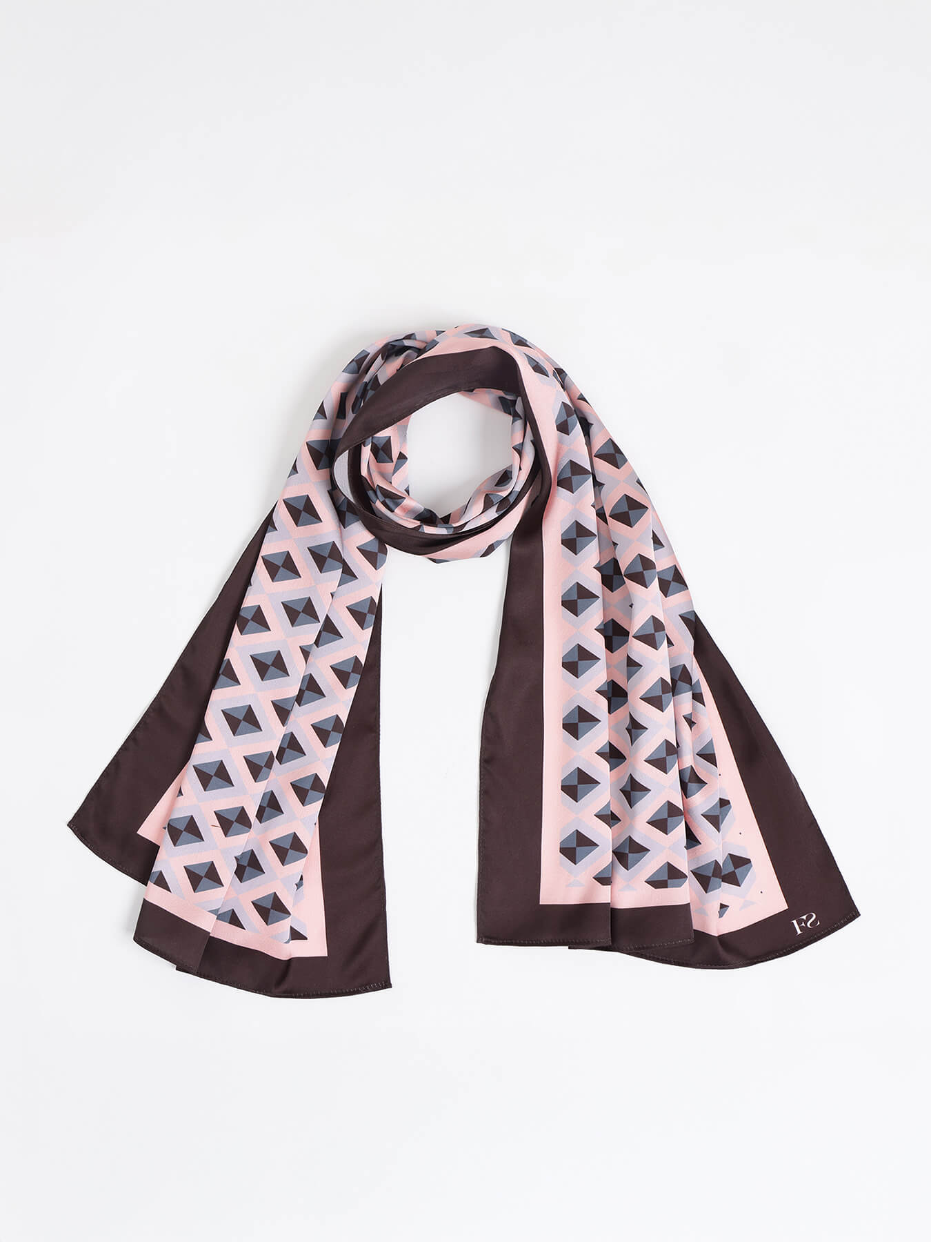 Satin Geometric Print Long Scarf - White & Brown