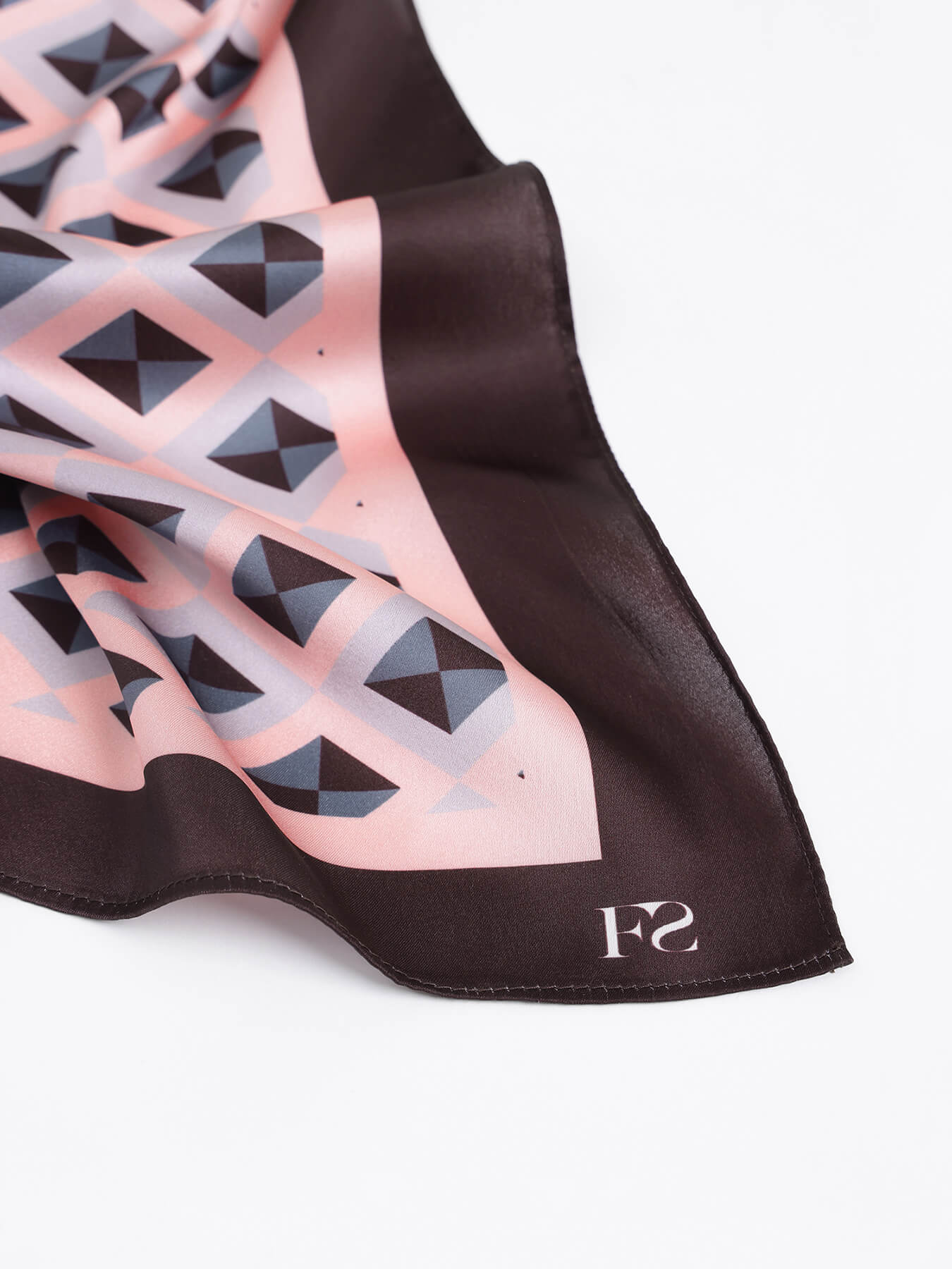 Satin Geometric Print Long Scarf - White & Brown