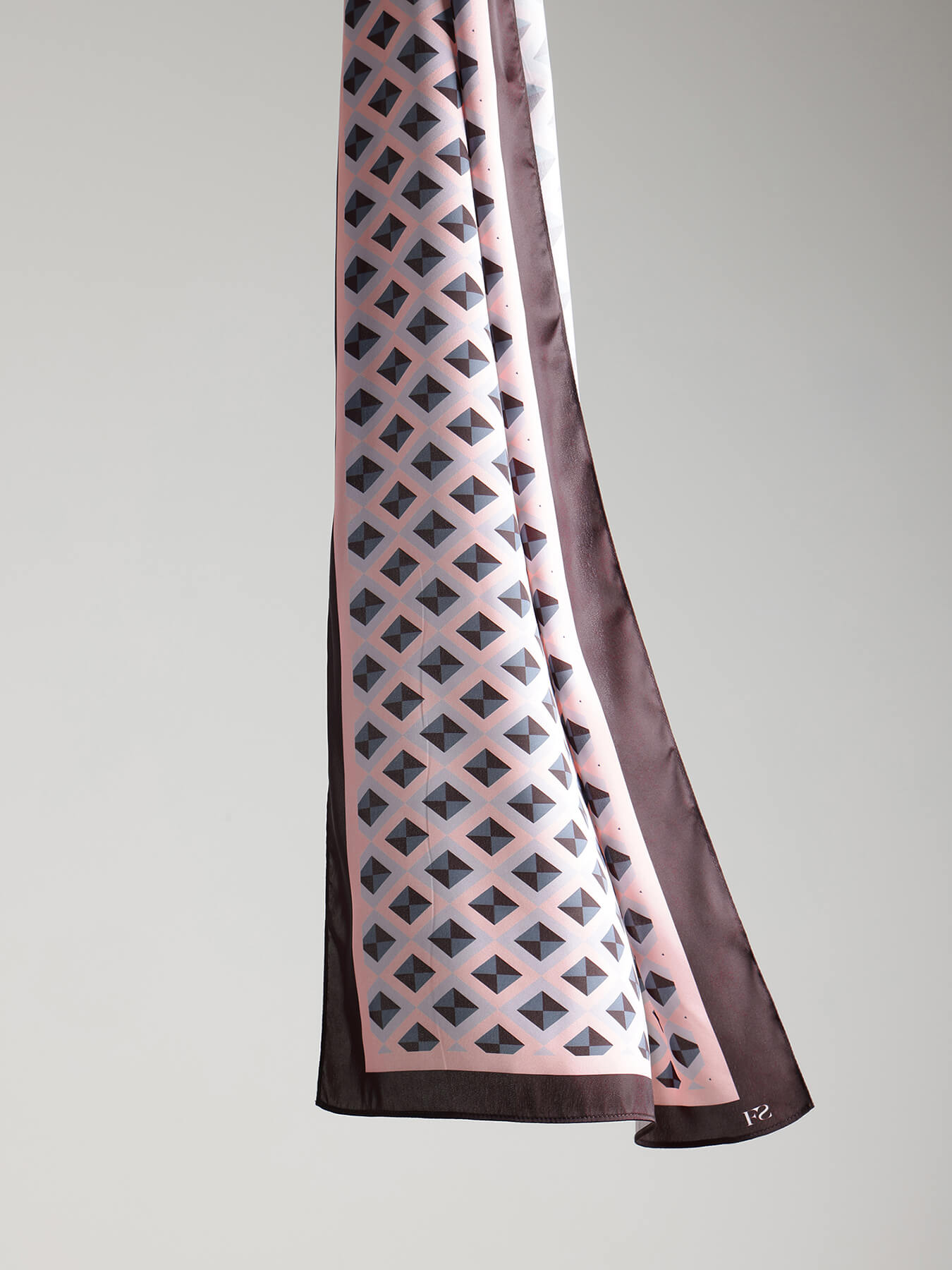 Satin Geometric Print Long Scarf - White & Brown