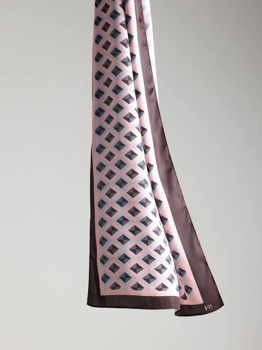 Satin Geometric Print Long Scarf - White & Brown