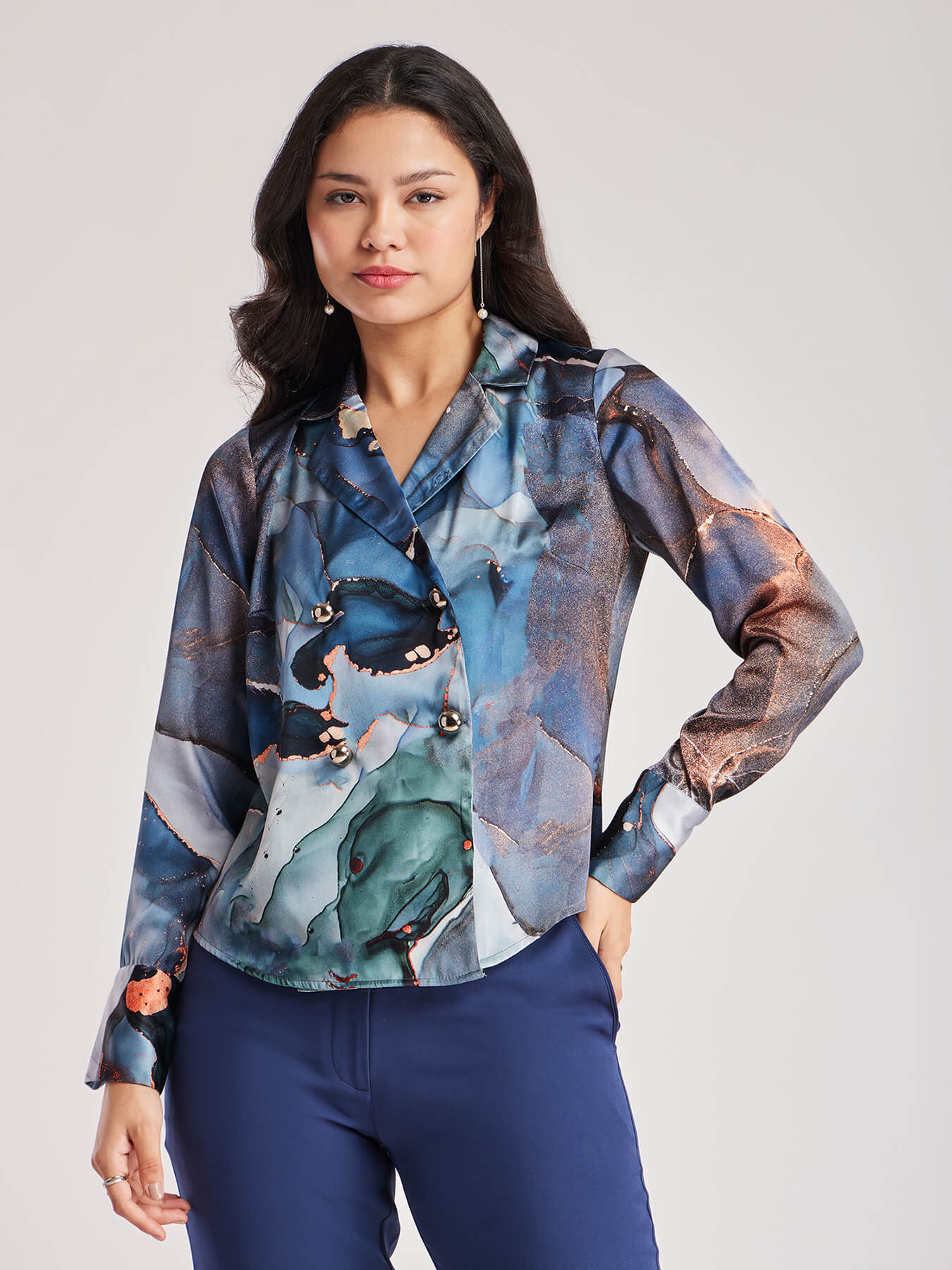 Marble Print Lapel Collar Shirt - Blue