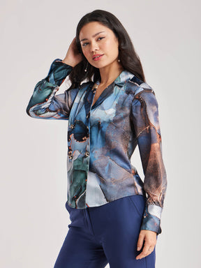 Marble Print Lapel Collar Shirt - Blue