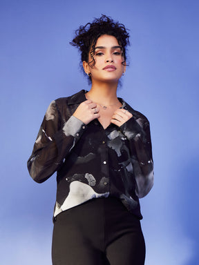 Marble Print Full Sleeves Shirt - Black And White