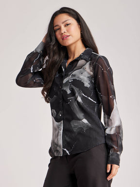 Marble Print Full Sleeves Shirt - Black And White