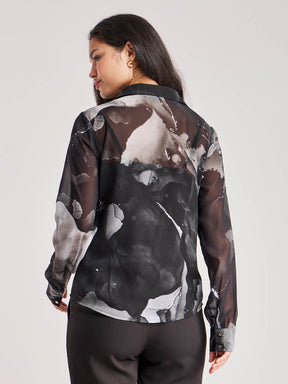 Marble Print Full Sleeves Shirt - Black And White