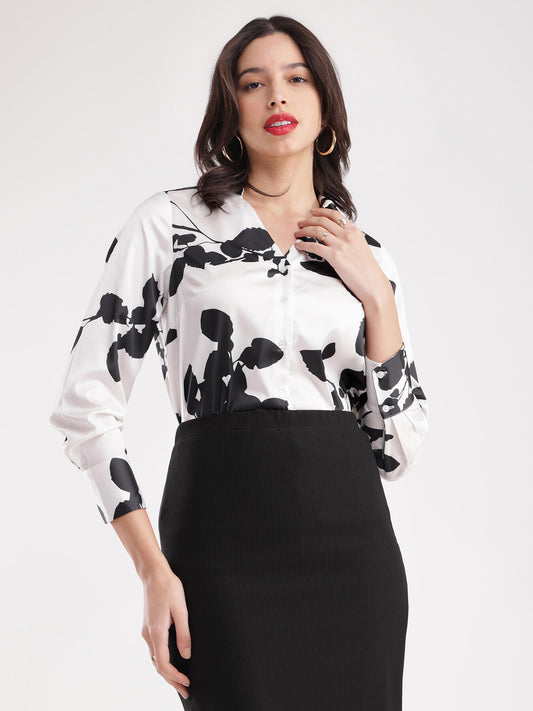 Satin Floral Shirt - White And Black