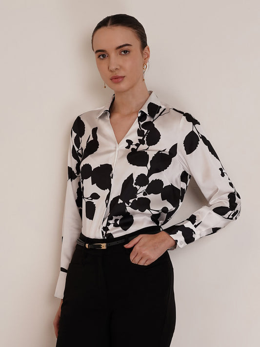 Satin Floral Shirt - White And Black